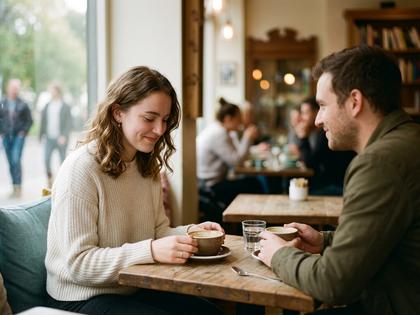 カフェで向かい合って話す男女、女性が少し照れた表情で視線を外している様子