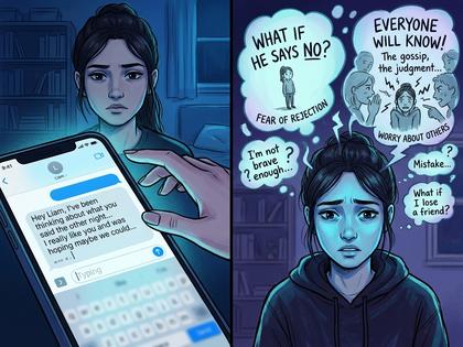スマートフォンを見つめながら返信をためらう女性、ベッドの上で膝を抱えている様子