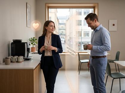 オフィスの給湯室で偶然会った二人が軽く会話している様子