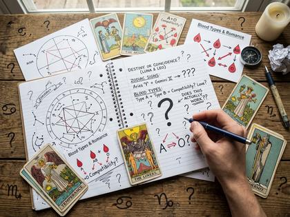 星座早見表と手帳を広げてノートに書き込む女性の手元