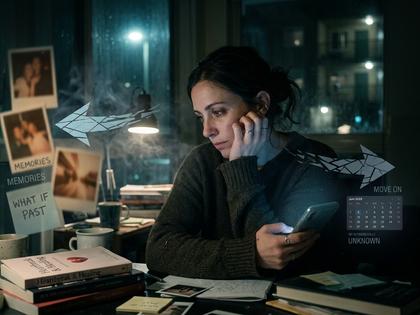 夜のデスクでスマートフォンを見つめながら物思いにふける30代女性、落ち着いたトーン、800px×600px