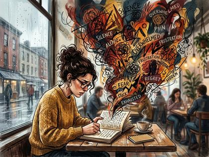 ノートに気持ちを書き出して整理している女性の手元、カフェの窓際、800px×600px