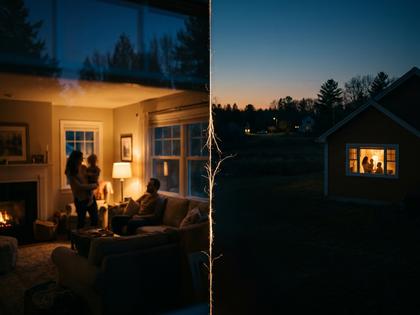 結婚指輪をした手でコーヒーカップを持ち、窓の外を見つめる女性、静かな朝の室内、800px×600px