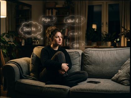 スマートフォンを伏せてため息をつく女性、夜のリビング、800px×600px
