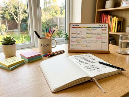 手帳に予定を書き込みながら前向きな表情を見せる女性、明るい部屋、800px×600px