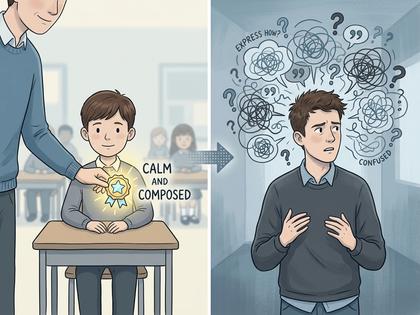 窓の外を静かに眺める男性の横顔、落ち着いたトーンの室内