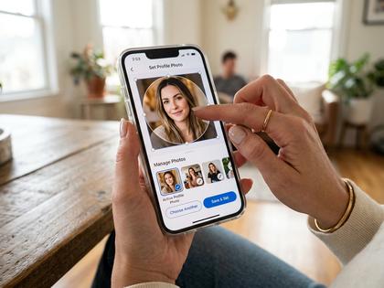スマートフォンでプロフィール写真を設定している女性の手元、明るい室内