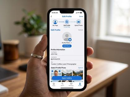 プロフィール編集画面をイメージしたスマホのイラスト、写真アップロードボタン