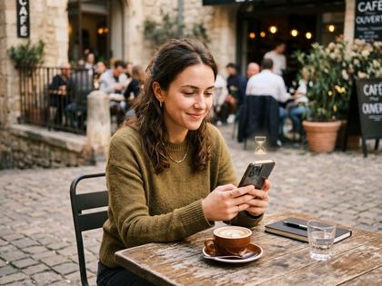 審査中の表示を待つ女性のイメージ、カフェでスマホを見ている