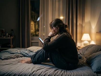 スマホを握ってベッドの上で膝を抱え、うつむいている20代女性の後ろ姿。800px×600px