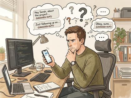 仕事中のデスクでスマートフォンをちらりと見てそのまま裏返す30代男性のイメージ