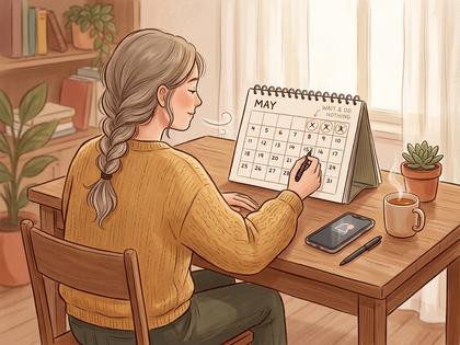 カレンダーに印をつけながらスマートフォンを置いて深呼吸する女性の後ろ姿
