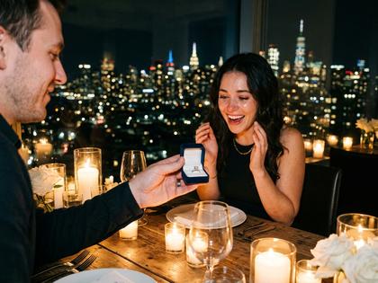 夜景の見えるレストランで向かい合い、指輪の箱を差し出す男性と驚く女性の手元アップ、800px×600px