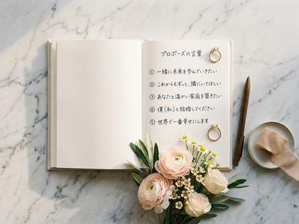 ノートに手書きでプロポーズの言葉の候補を書き出している女性の手元と婚約指輪のケース、800px×600px