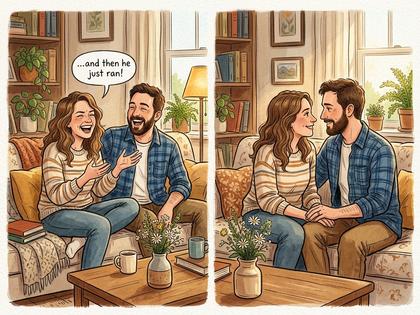 自宅のリビングで笑い合いながら向かい合うカップル、テーブルには小さな花束、800px×600px