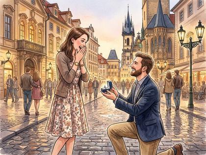 海外の街並みを背景に、片膝をついて指輪を差し出す男性と驚く女性、800px×600px