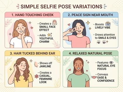 一人自撮りのポーズ例4パターンをイラスト風に並べた図解