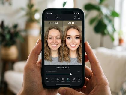 スマホ画面に映る加工アプリの編集画面と、加工前後の写真の比較イメージ