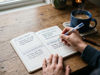 ノートに4つの枠を書いて不安を書き分けている女性の手元、ペンとマグカップ