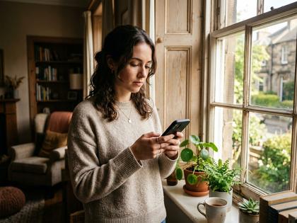 スマートフォンを手に持ち、送信を迷っている20代女性の横顔。窓辺の自然光、800px×600px