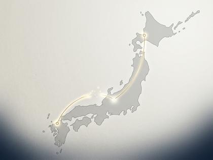 日本地図のイラストの上に、離れた2つの場所を結ぶ線が描かれたイメージ図。800px×600px