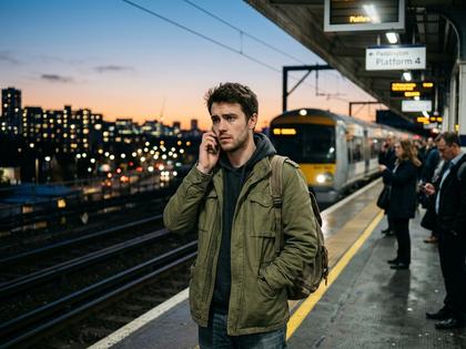 駅のホームで電話を耳にあて、考えこむ20代男性の後ろ姿。夕暮れ、800px×600px