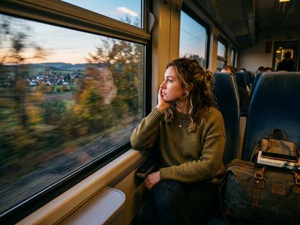 新幹線の窓から流れる景色を眺める女性。旅行バッグを膝に置いている、800px×600px