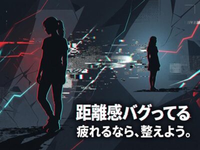 距離感のバグを表す、デジタルな二人の女性シルエット。