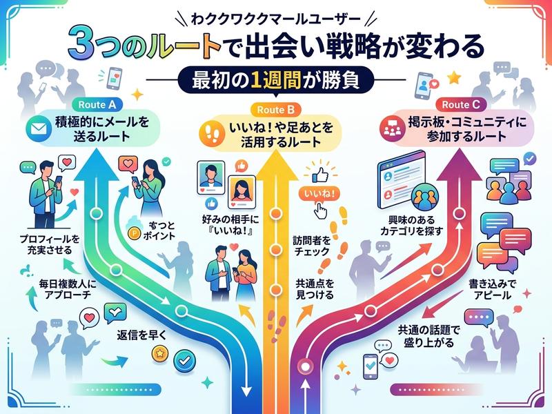メール、いいね、コミュニティ活用の3つの出会い戦略ルートを解説する図。
