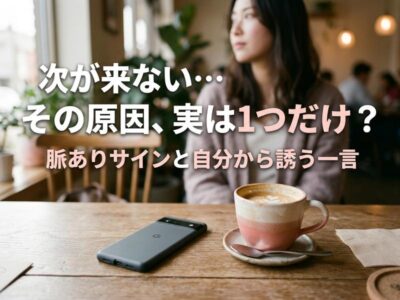 カフェで座る女性、テーブルにコーヒーとスマホ。「次が来ない…その原因は？」と書かれた恋愛記事の画像。