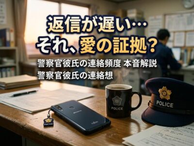 警察官の帽子やスマホが置かれた机と、「返信が遅い…それ、愛の証拠？」の文字。