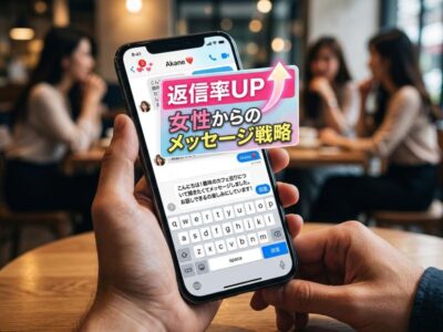 カフェでスマホを操作し、返信率UPのメッセージ戦略が表示された画面。