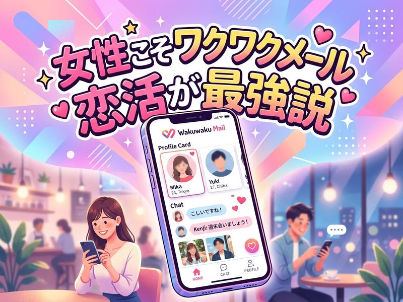女性向け恋活アプリ「ワクワクメール」のスマホ画面と、カフェでスマホを見る男女のイラスト。