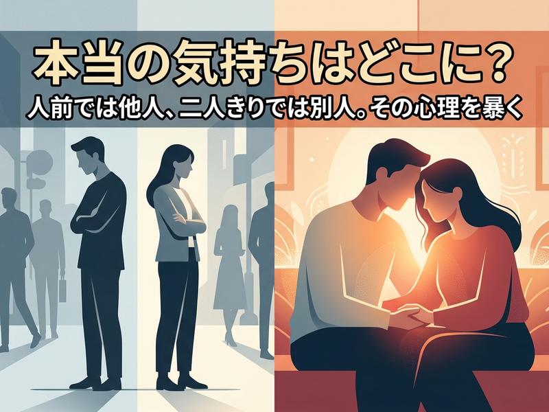 人前と二人きりで態度が異なる男女の対比と「本当の気持ちはどこに？」の文字。