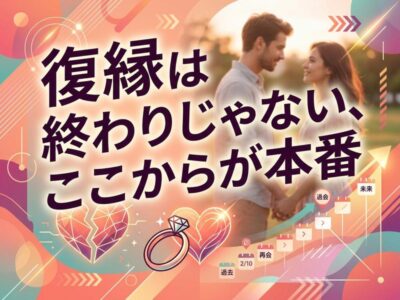 「復縁は終わりじゃない、ここからが本番」の文字と笑顔のカップル。 （33文字）