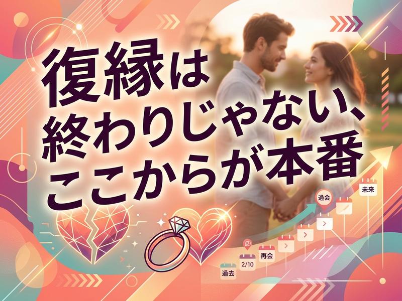 「復縁は終わりじゃない、ここからが本番」の文字と笑顔のカップル。 （33文字）