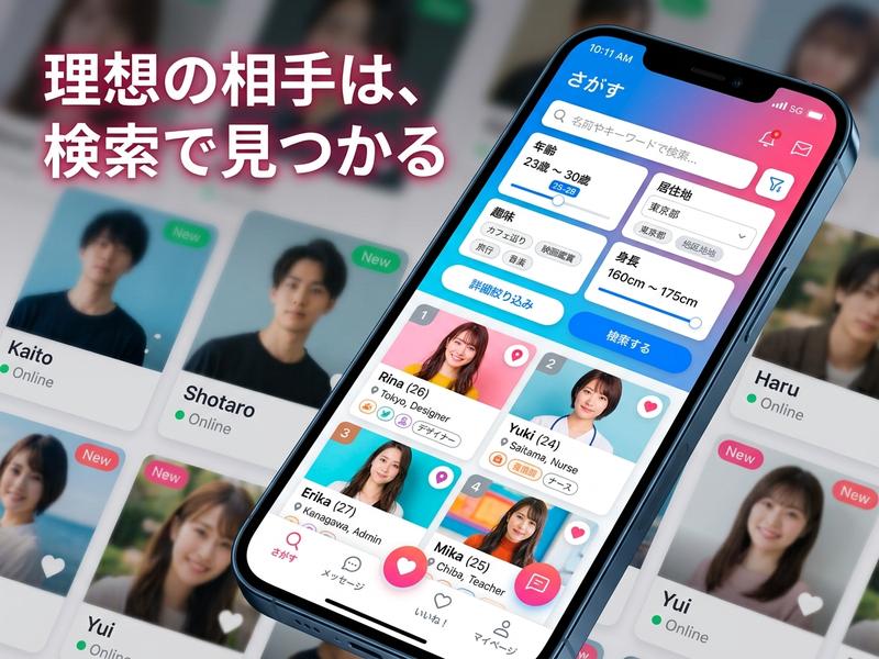 マッチングアプリで理想の相手を検索するスマートフォンの画面。