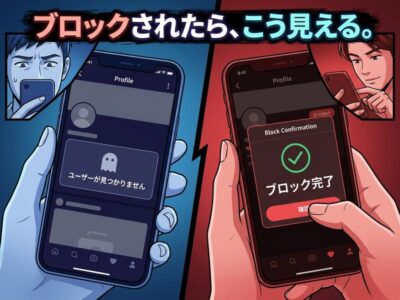 ブロックされた側とする側のスマホ画面比較イラスト。