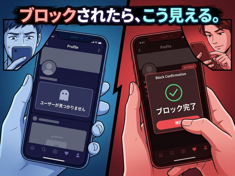 ブロックされた側とする側のスマホ画面比較イラスト。
