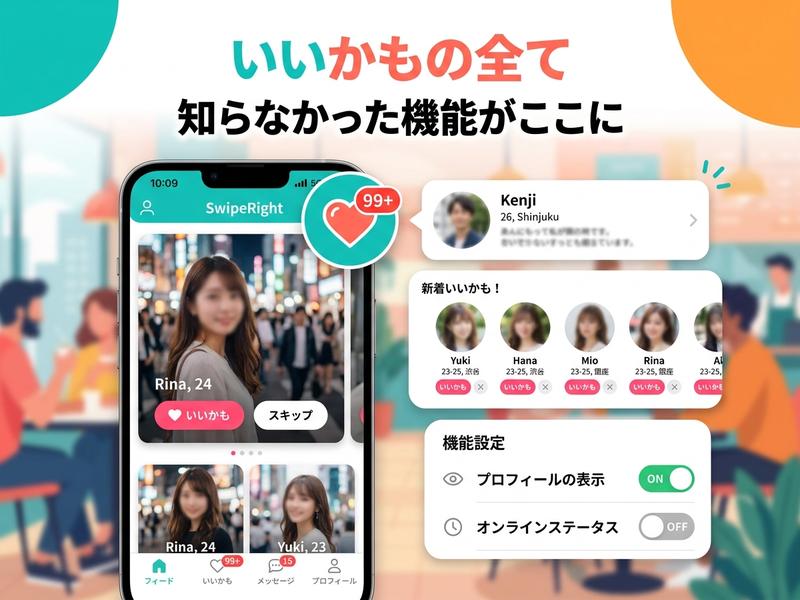 マッチングアプリ「いいかも」のUIと機能を解説する広告。