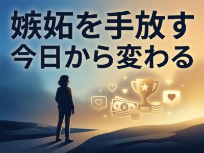 砂漠で成功のシンボルを見つめる女性。「嫉妬を手放す 今日から変わる」の文字。
