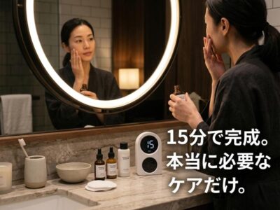 洗面所で15分スキンケアをする女性。
