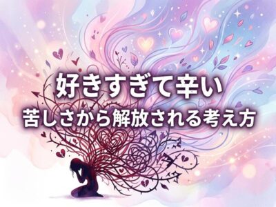 好きすぎて辛い苦しみと解放の考え方を描いた、女性とハートのイラスト。