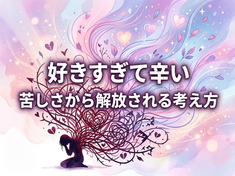 好きすぎて辛い苦しみと解放の考え方を描いた、女性とハートのイラスト。
