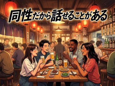 「同性だから話せること」の文字と、居酒屋で飲み物を片手に笑顔で会話する男女のイラスト。