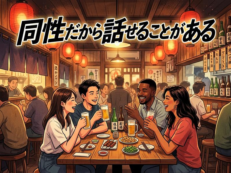 「同性だから話せること」の文字と、居酒屋で飲み物を片手に笑顔で会話する男女のイラスト。