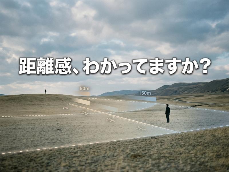 広野で距離を示す線と人物。「距離感、わかってますか？」の文字。