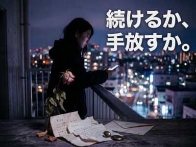 夜景のバルコニーで「続けるか、手放すか」と悩む女性。枯れたバラと手紙がテーブルに。