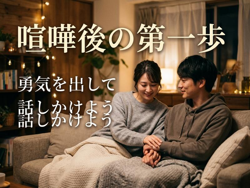 ソファで手を取り合う笑顔のカップルと「喧嘩後の第一歩」のメッセージ。