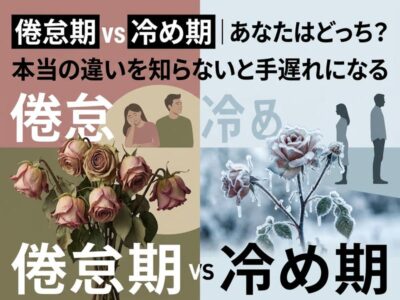 倦怠期と冷め期を比較。枯れたバラと凍ったバラ、カップルで示す。